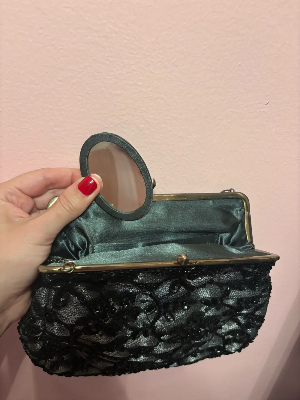 Vintage Satin Black Beaded Evening Bag